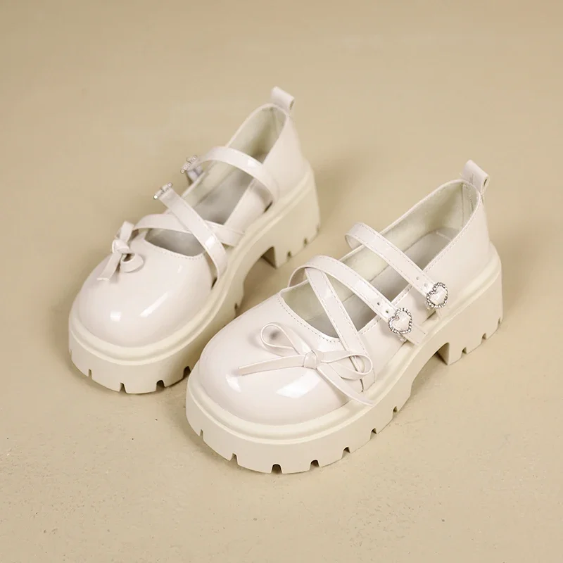 Bowknot Mary Janes Shoes Women 2025 Cross Strap Platform Pumps Woman Heart Buckle Patent Leather Lolita Shoes
