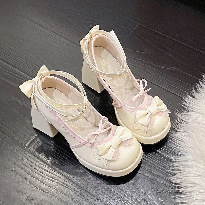 Thick Heel High Heels Cute Bow Knot Women's Shoes Sweet Lolita Water-Proof Platform Summer Flat Shoes round Toe Loafers