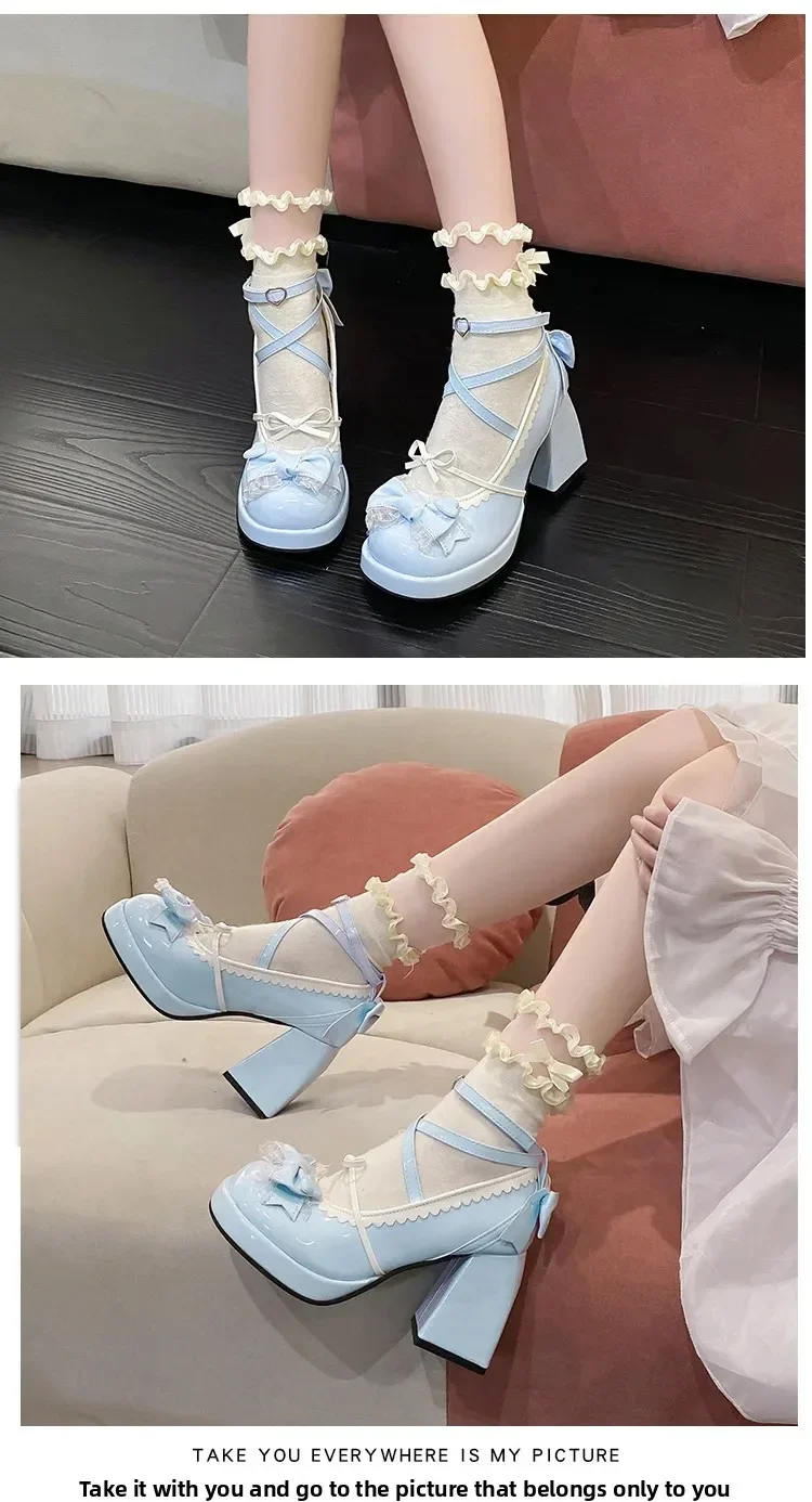 Thick Heel High Heels Cute Bow Knot Women's Shoes Sweet Lolita Water-Proof Platform Summer Flat Shoes round Toe Loafers