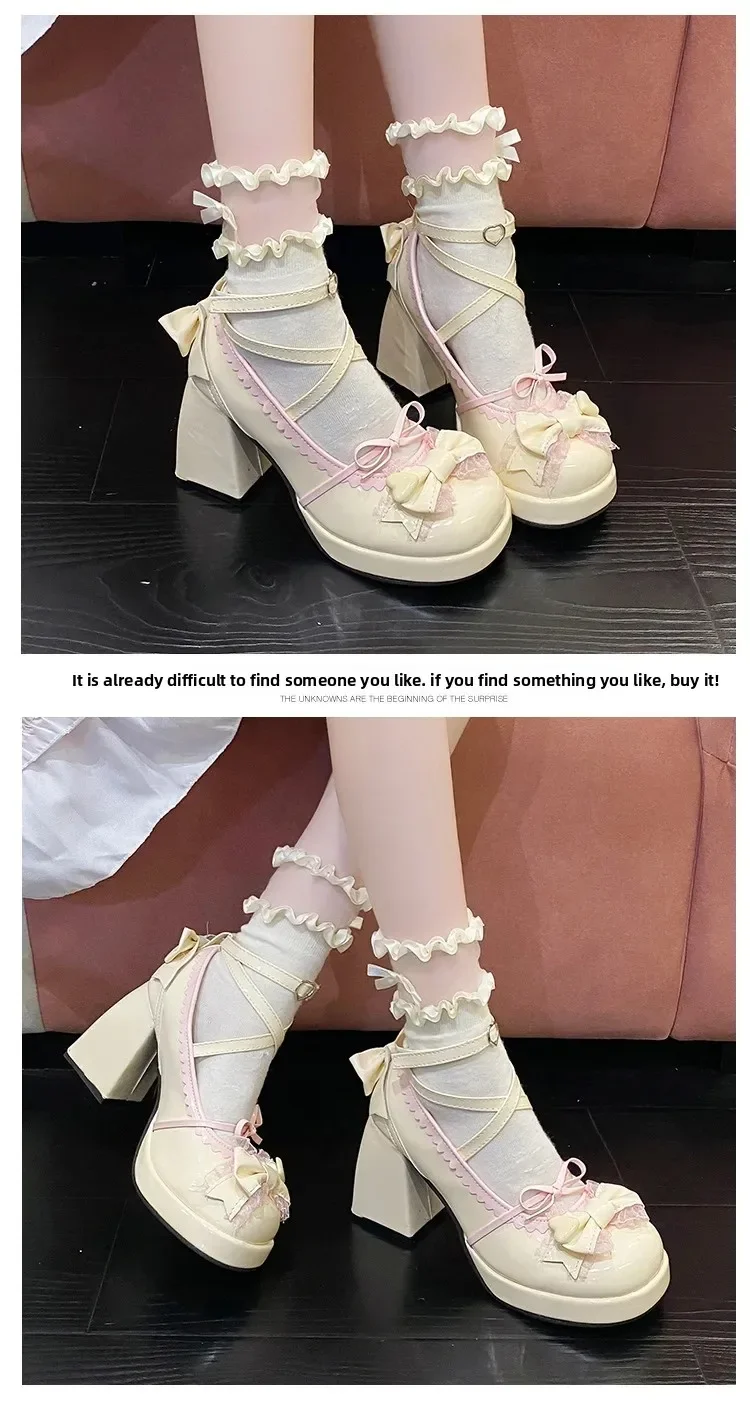 Thick Heel High Heels Cute Bow Knot Women's Shoes Sweet Lolita Water-Proof Platform Summer Flat Shoes round Toe Loafers