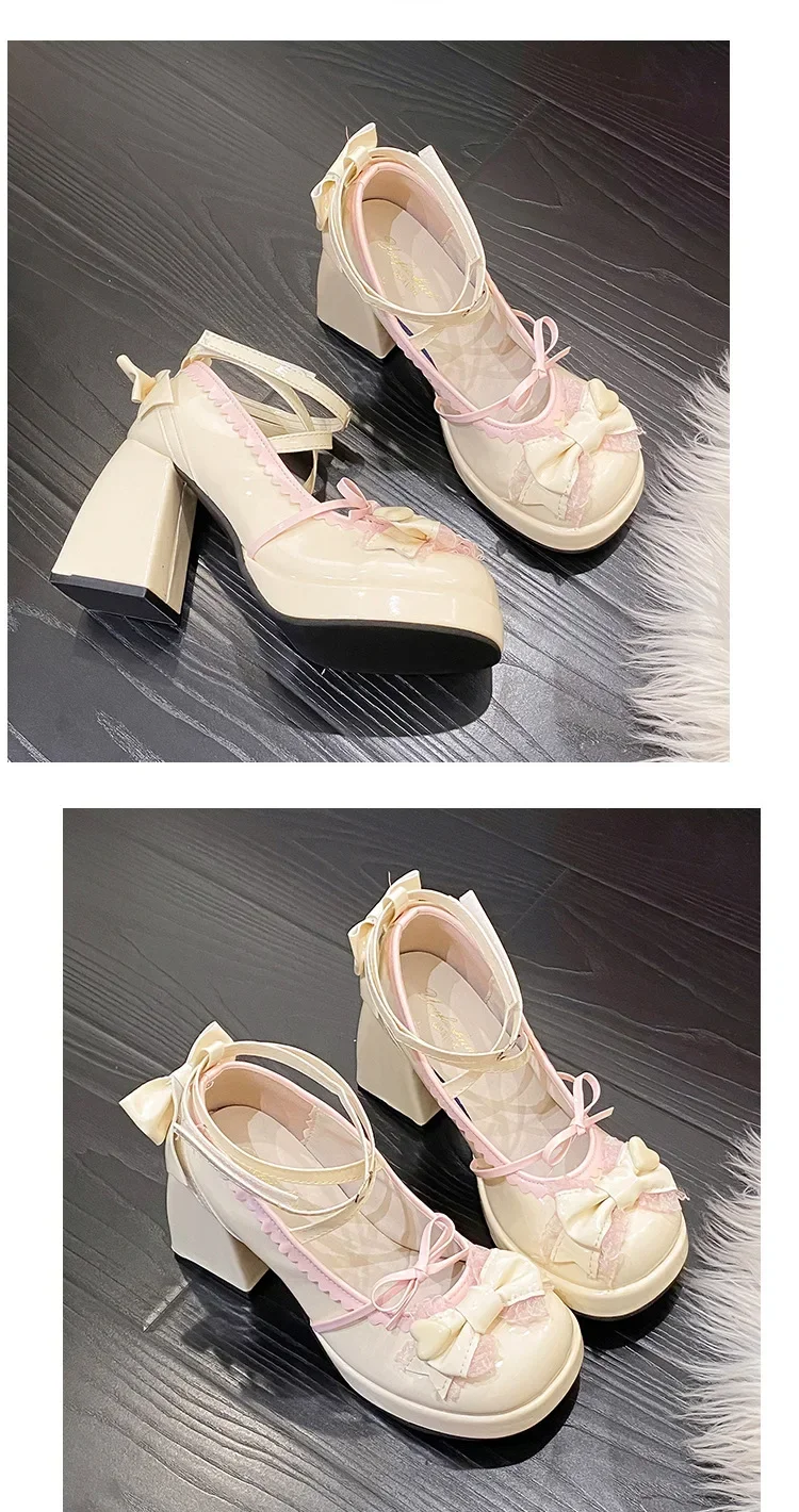 Thick Heel High Heels Cute Bow Knot Women's Shoes Sweet Lolita Water-Proof Platform Summer Flat Shoes round Toe Loafers