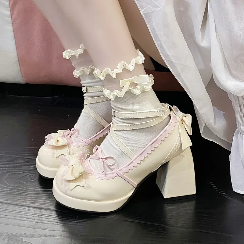 Thick Heel High Heels Cute Bow Knot Women's Shoes Sweet Lolita Water-Proof Platform Summer Flat Shoes round Toe Loafers