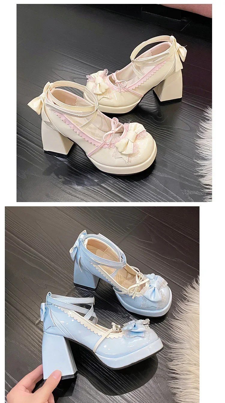 Thick Heel High Heels Cute Bow Knot Women's Shoes Sweet Lolita Water-Proof Platform Summer Flat Shoes round Toe Loafers