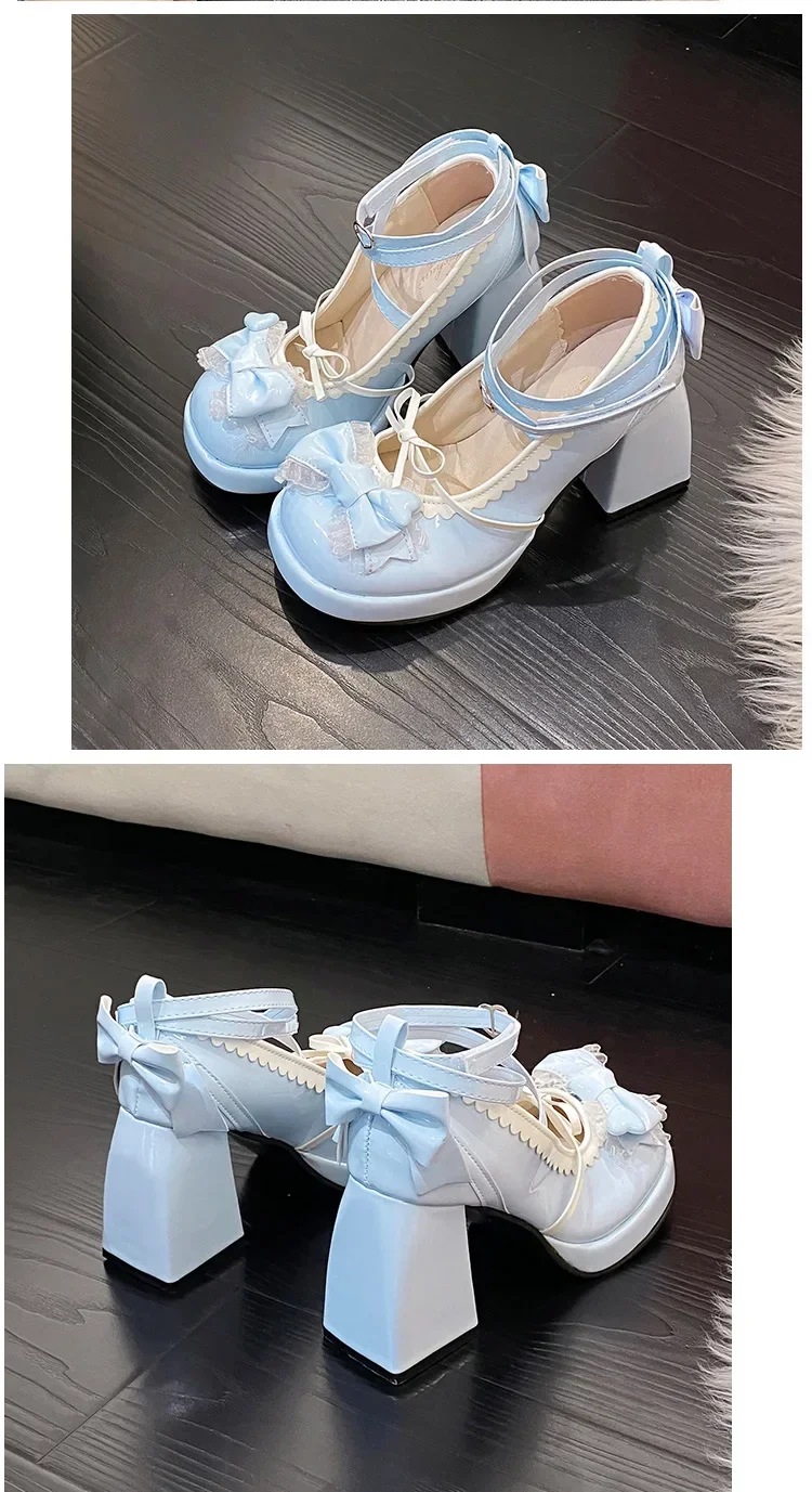 Thick Heel High Heels Cute Bow Knot Women's Shoes Sweet Lolita Water-Proof Platform Summer Flat Shoes round Toe Loafers