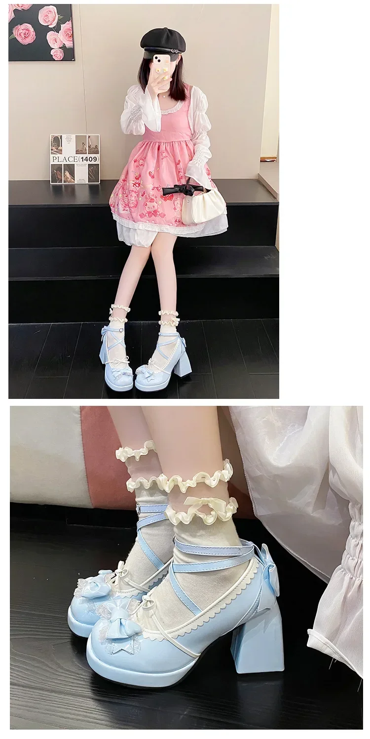 Thick Heel High Heels Cute Bow Knot Women's Shoes Sweet Lolita Water-Proof Platform Summer Flat Shoes round Toe Loafers