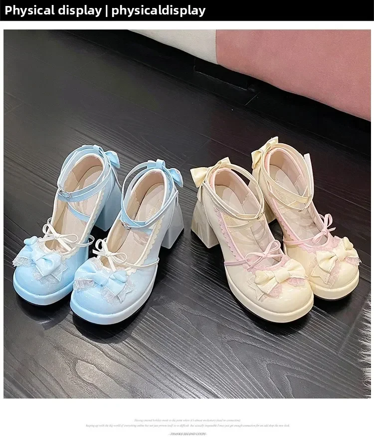 Thick Heel High Heels Cute Bow Knot Women's Shoes Sweet Lolita Water-Proof Platform Summer Flat Shoes round Toe Loafers