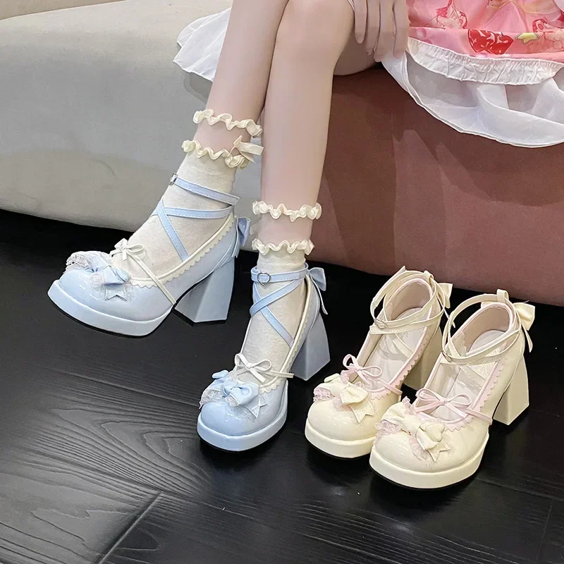 Thick Heel High Heels Cute Bow Knot Women's Shoes Sweet Lolita Water-Proof Platform Summer Flat Shoes round Toe Loafers