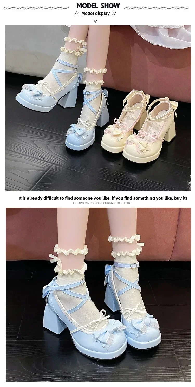 Thick Heel High Heels Cute Bow Knot Women's Shoes Sweet Lolita Water-Proof Platform Summer Flat Shoes round Toe Loafers