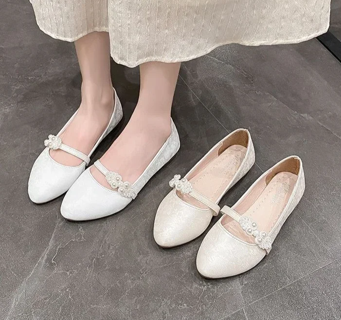 Shoes for Women White One-line Buckle Low Heel Elegant Woman Flats Mary Jane Cheap Clearance Lastest Price Casual On Offer Y2k