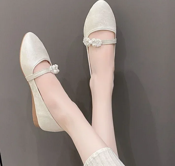 Shoes for Women White One-line Buckle Low Heel Elegant Woman Flats Mary Jane Cheap Clearance Lastest Price Casual On Offer Y2k