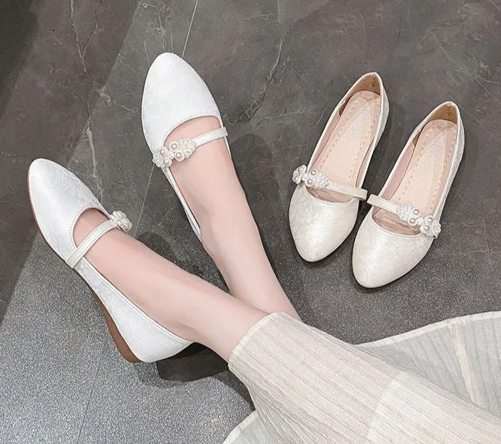Shoes for Women White One-line Buckle Low Heel Elegant Woman Flats Mary Jane Cheap Clearance Lastest Price Casual On Offer Y2k
