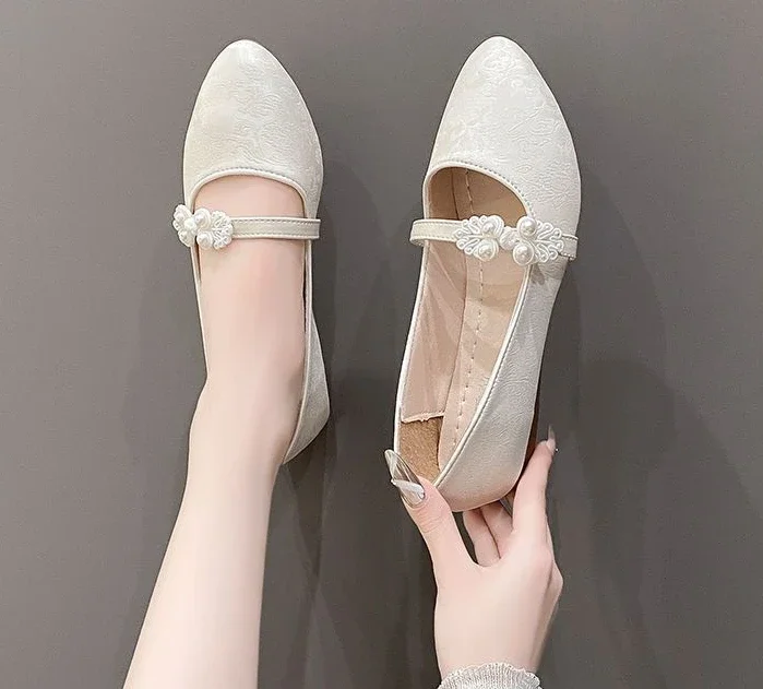 Shoes for Women White One-line Buckle Low Heel Elegant Woman Flats Mary Jane Cheap Clearance Lastest Price Casual On Offer Y2k