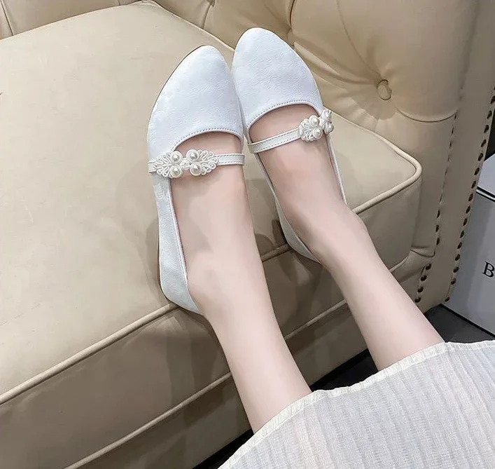 Shoes for Women White One-line Buckle Low Heel Elegant Woman Flats Mary Jane Cheap Clearance Lastest Price Casual On Offer Y2k