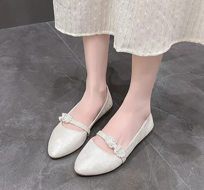 Shoes for Women White One-line Buckle Low Heel Elegant Woman Flats Mary Jane Cheap Clearance Lastest Price Casual On Offer Y2k