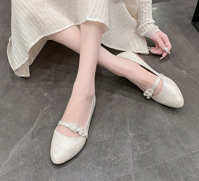 Shoes for Women White One-line Buckle Low Heel Elegant Woman Flats Mary Jane Cheap Clearance Lastest Price Casual On Offer Y2k