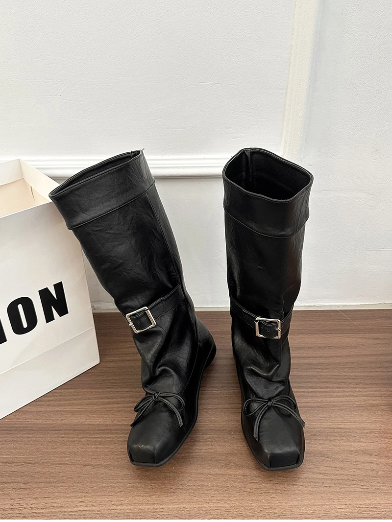 Designer Ballet Style Women Mid Calf Boots Fashion Belt Buckle Ladies Elegant Mordern Trouser Legs Booties