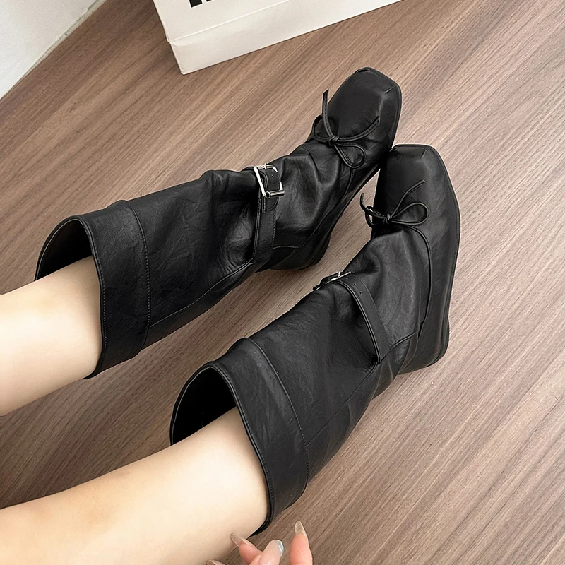Designer Ballet Style Women Mid Calf Boots Fashion Belt Buckle Ladies Elegant Mordern Trouser Legs Booties