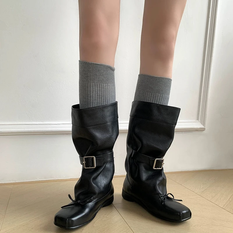 Designer Ballet Style Women Mid Calf Boots Fashion Belt Buckle Ladies Elegant Mordern Trouser Legs Booties