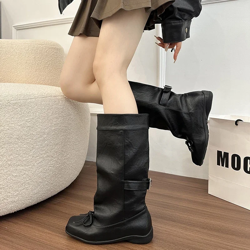 Designer Ballet Style Women Mid Calf Boots Fashion Belt Buckle Ladies Elegant Mordern Trouser Legs Booties