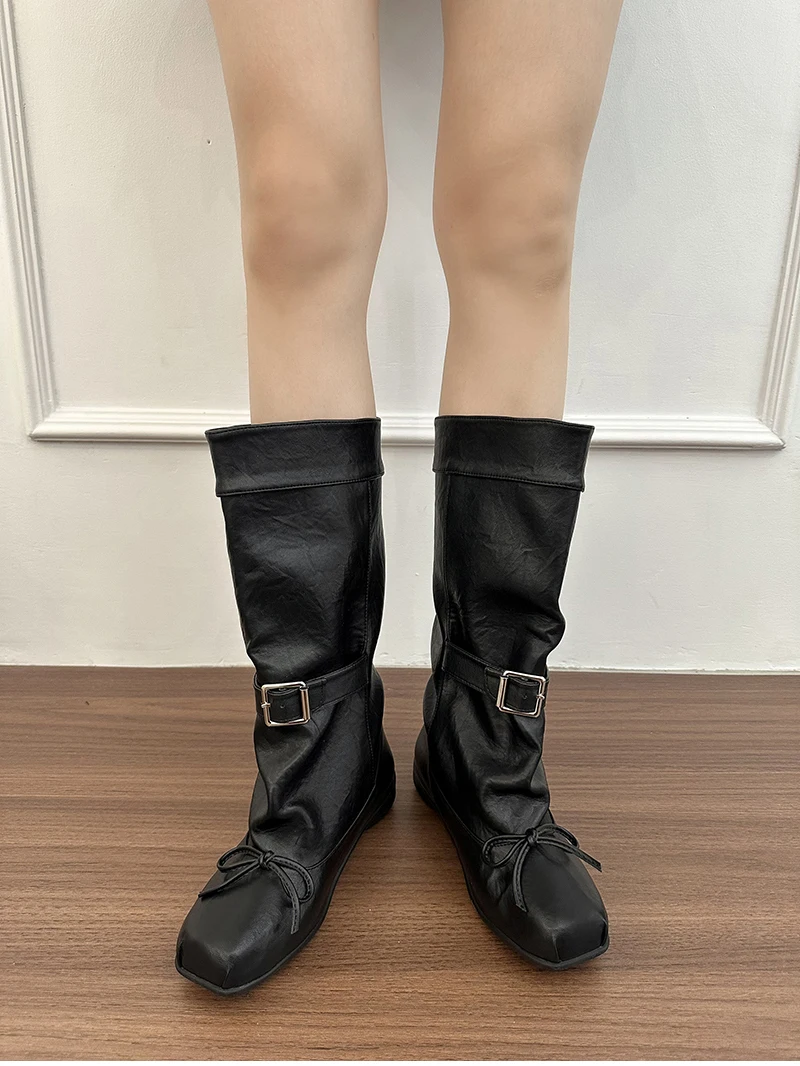 Designer Ballet Style Women Mid Calf Boots Fashion Belt Buckle Ladies Elegant Mordern Trouser Legs Booties