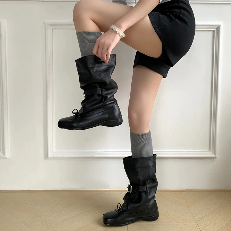 Designer Ballet Style Women Mid Calf Boots Fashion Belt Buckle Ladies Elegant Mordern Trouser Legs Booties
