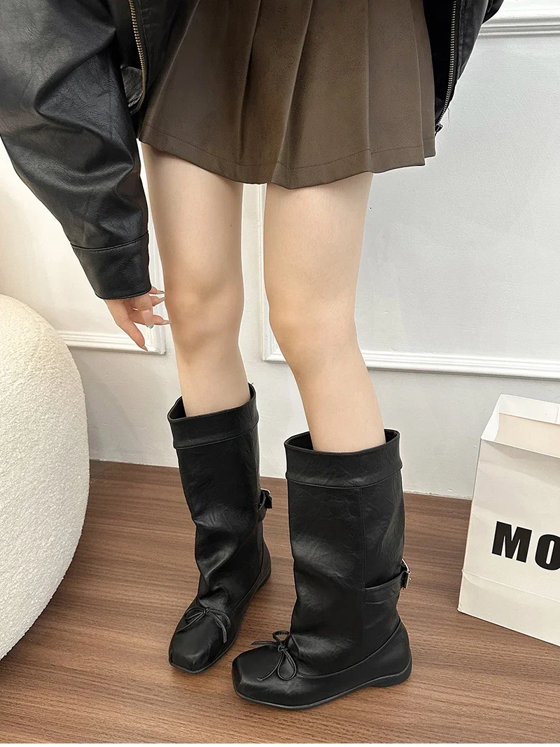 Designer Ballet Style Women Mid Calf Boots Fashion Belt Buckle Ladies Elegant Mordern Trouser Legs Booties