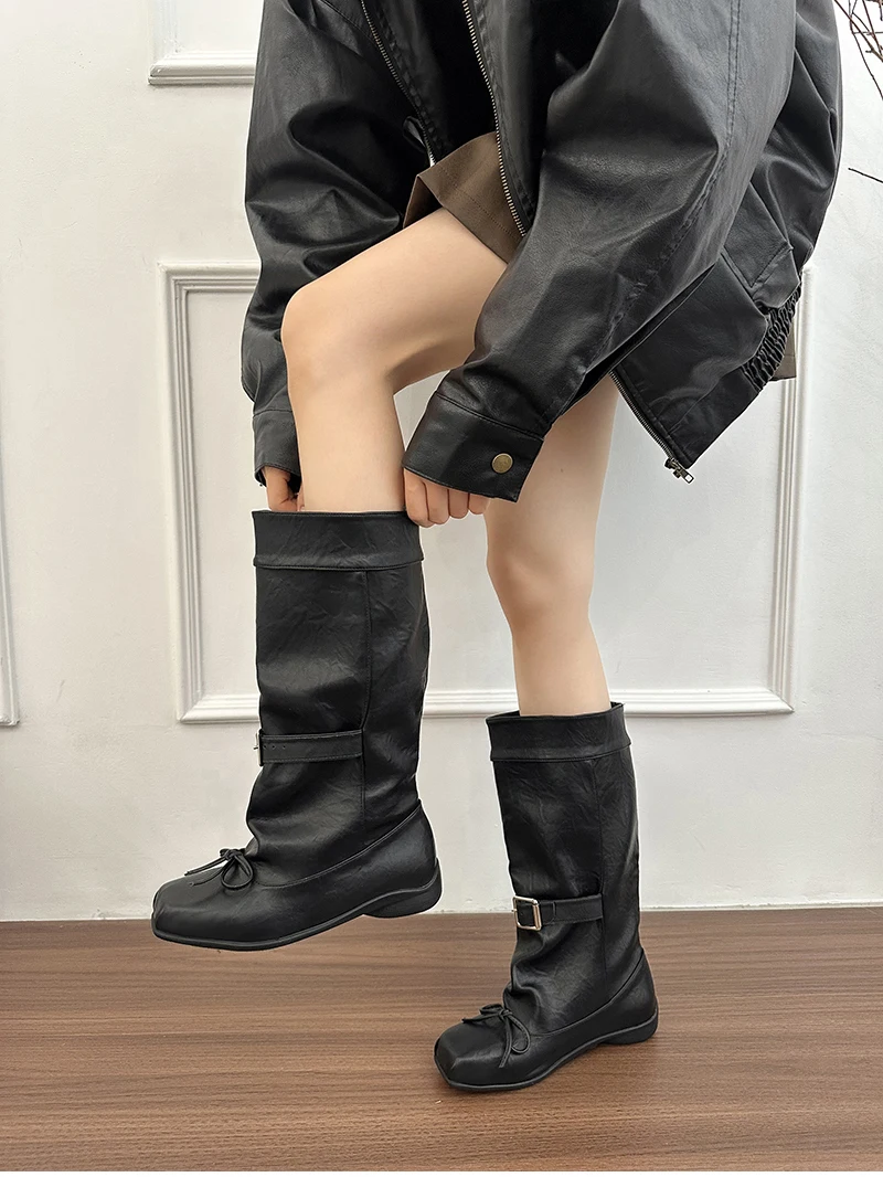 Designer Ballet Style Women Mid Calf Boots Fashion Belt Buckle Ladies Elegant Mordern Trouser Legs Booties