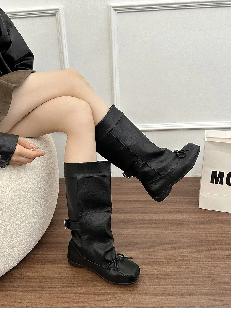 Designer Ballet Style Women Mid Calf Boots Fashion Belt Buckle Ladies Elegant Mordern Trouser Legs Booties