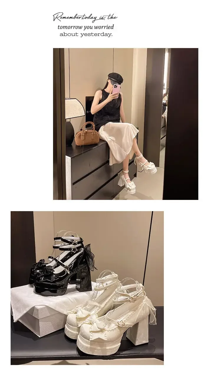 Cute Lolita Mary Jane Shoes Round Toe Fashionable High Heels Waterproof Platform Single Strap Buckle Summer Flat Shoes for Women