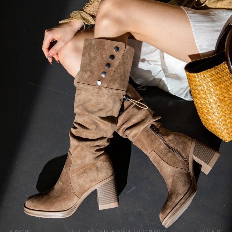 Women High Knee Heels Shoes Suede Fashion Goth Boots Winter Chunky Pumps Platform Chelsea Motorcycle Western Woman Boots