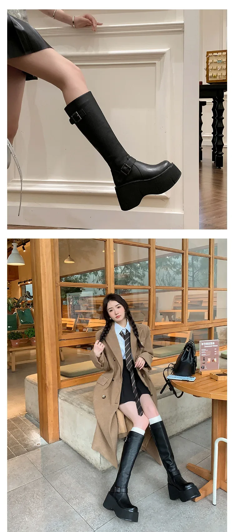 Women's Shoes Basic Women's Boots Classics Knee-High Boots Women Belt Buckle Side Zip Round Toe Wedge Platform Shoes Ladies