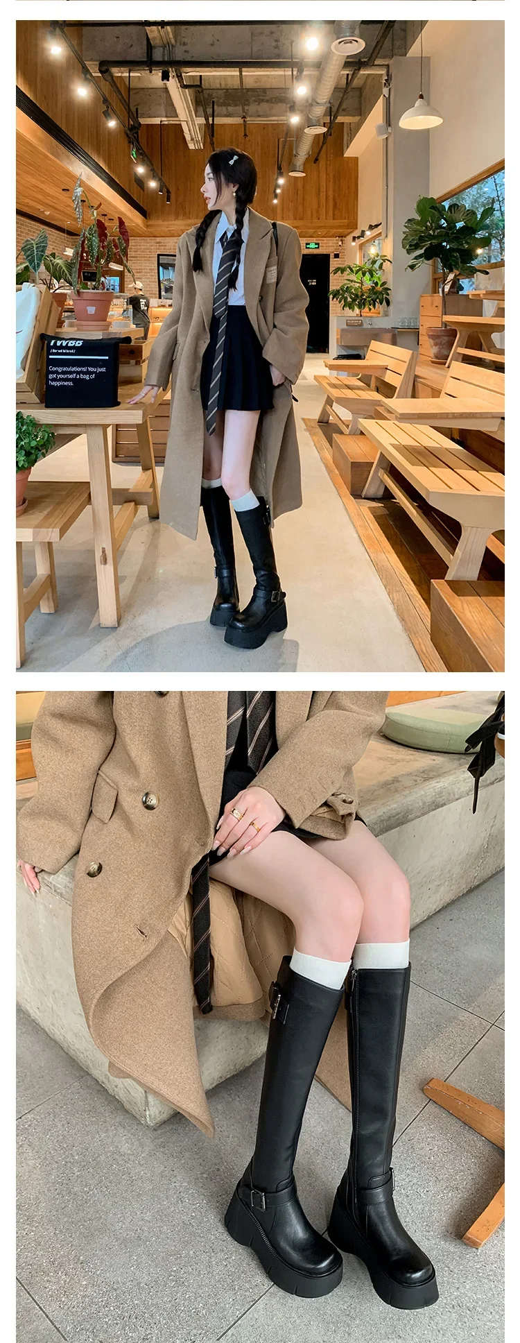 Women's Shoes Basic Women's Boots Classics Knee-High Boots Women Belt Buckle Side Zip Round Toe Wedge Platform Shoes Ladies