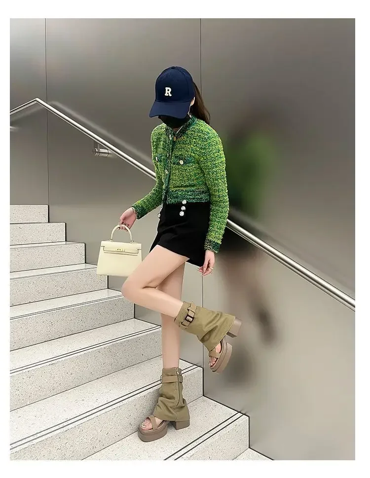 Women's Summer Outdoor High-Top Boots Open-Toe Thick Heel Sandals Two-Way Wear Casual Fish Mouth Rubber Sole Denim Shoes