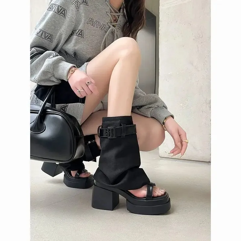 Women's Summer Outdoor High-Top Boots Open-Toe Thick Heel Sandals Two-Way Wear Casual Fish Mouth Rubber Sole Denim Shoes