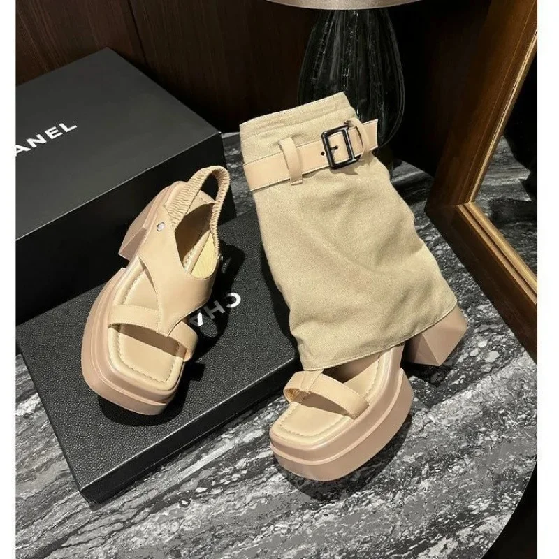 Women's Summer Outdoor High-Top Boots Open-Toe Thick Heel Sandals Two-Way Wear Casual Fish Mouth Rubber Sole Denim Shoes