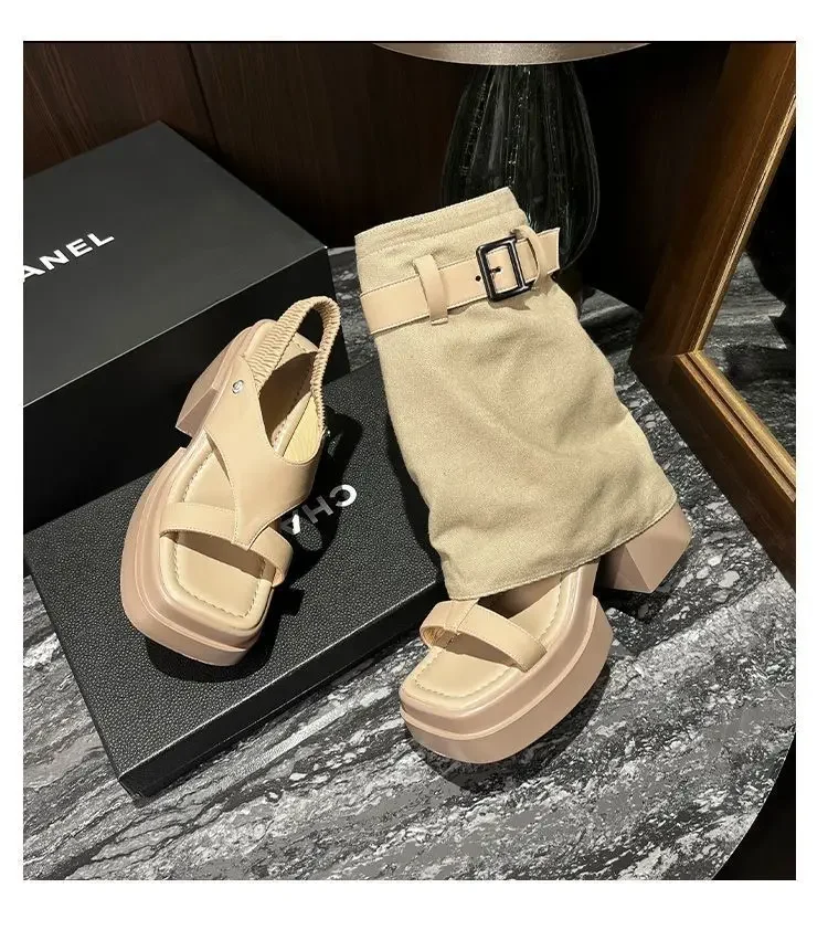 Women's Summer Outdoor High-Top Boots Open-Toe Thick Heel Sandals Two-Way Wear Casual Fish Mouth Rubber Sole Denim Shoes Women's Summer Outdoor High-Top Boots Open-Toe Thick Heel Sandals Two-Way Wear Casual Fish Mouth Rubber Sole Denim Shoes