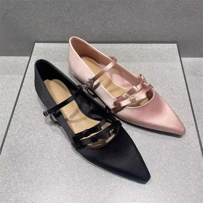 Gentle Unique Design Satin Mary Jane Flat oes Spring 2025 Pointed Toe Knot Women's Faion Low Heel Slip-On oes Gentle Unique Design Satin Mary Jane Flat oes Spring 2025 Pointed Toe Knot Women's Faion Low Heel Slip-On oes