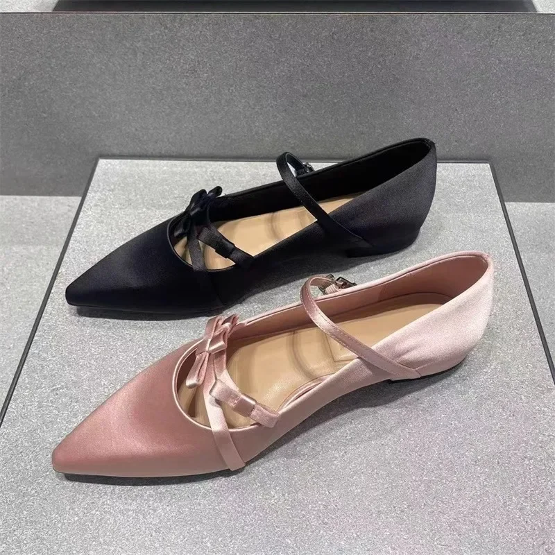Gentle Unique Design Satin Mary Jane Flat oes Spring 2025 Pointed Toe Knot Women's Faion Low Heel Slip-On oes Gentle Unique Design Satin Mary Jane Flat oes Spring 2025 Pointed Toe Knot Women's Faion Low Heel Slip-On oes