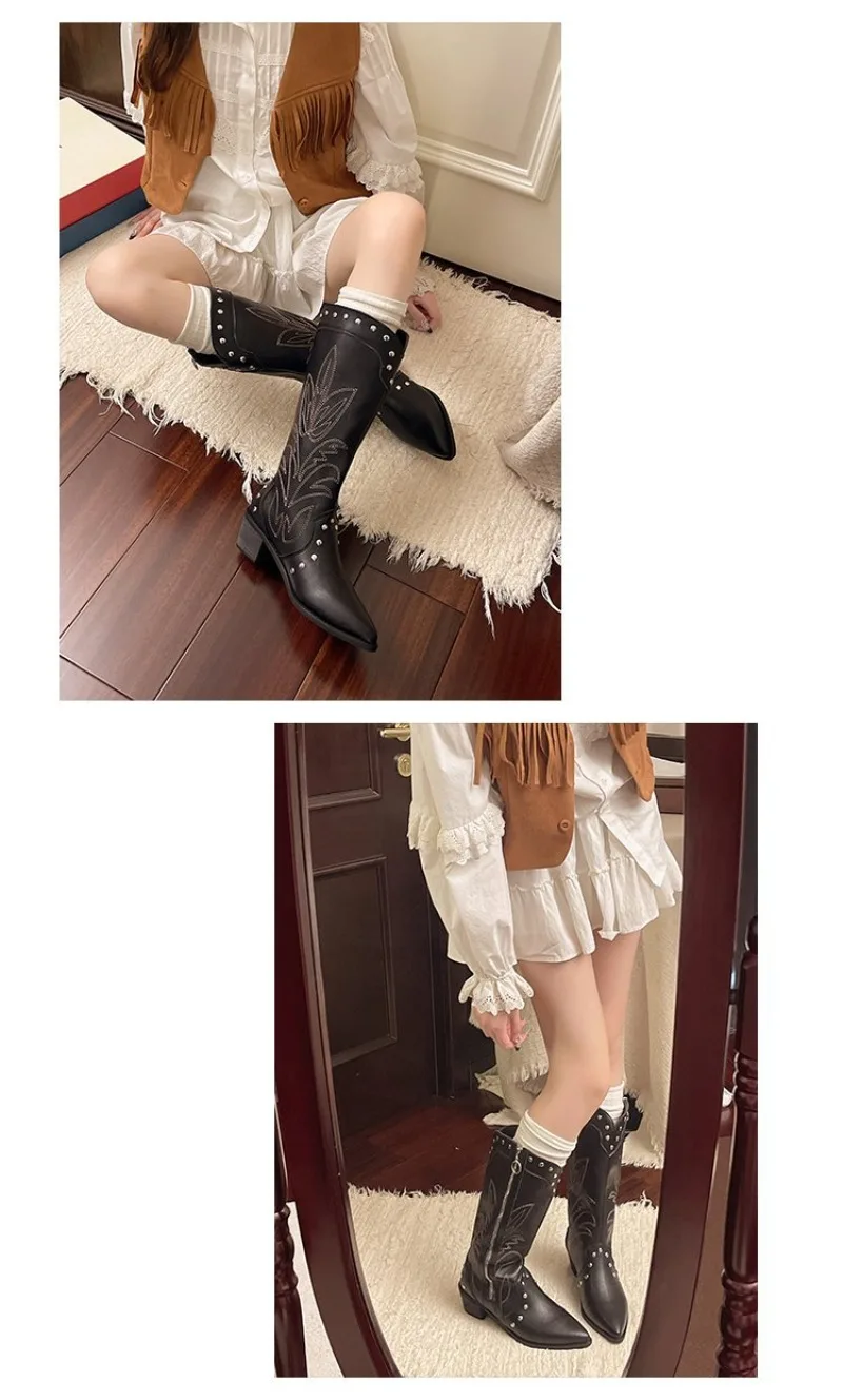 2025 New Women Boots Classics Embroidered Western Cowboy Boot Retro Rivet Mid Calf Boots for Women Pointed Toe Knight Boots