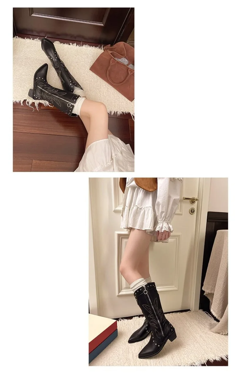 2025 New Women Boots Classics Embroidered Western Cowboy Boot Retro Rivet Mid Calf Boots for Women Pointed Toe Knight Boots