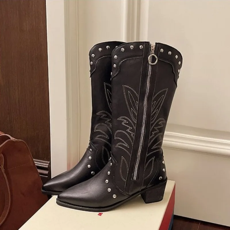 2025 New Women Boots Classics Embroidered Western Cowboy Boot Retro Rivet Mid Calf Boots for Women Pointed Toe Knight Boots 2025 New Women Boots Classics Embroidered Western Cowboy Boot Retro Rivet Mid Calf Boots for Women Pointed Toe Knight Boots