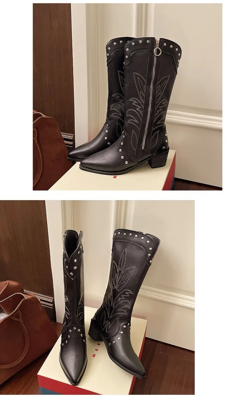 2025 New Women Boots Classics Embroidered Western Cowboy Boot Retro Rivet Mid Calf Boots for Women Pointed Toe Knight Boots