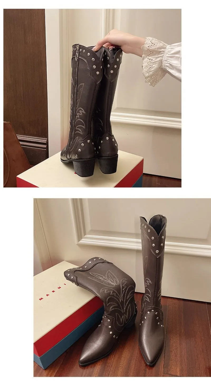 2025 New Women Boots Classics Embroidered Western Cowboy Boot Retro Rivet Mid Calf Boots for Women Pointed Toe Knight Boots