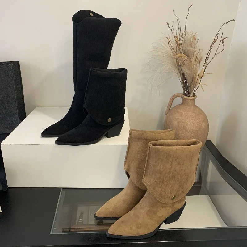 Retro Style Fold Button Women Knee-High Boots Fashion Pointed Toe Square Heels Casual Ladies Shoes Zapatos De Mujer