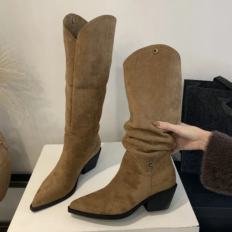 Retro Style Fold Button Women Knee-High Boots Fashion Pointed Toe Square Heels Casual Ladies Shoes Zapatos De Mujer