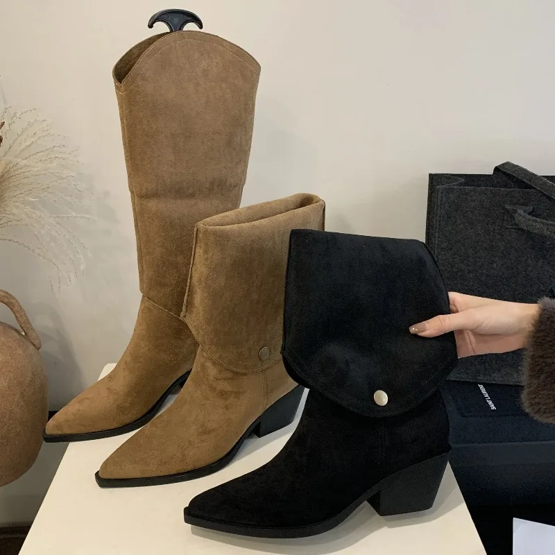 Retro Style Fold Button Women Knee-High Boots Fashion Pointed Toe Square Heels Casual Ladies Shoes Zapatos De Mujer