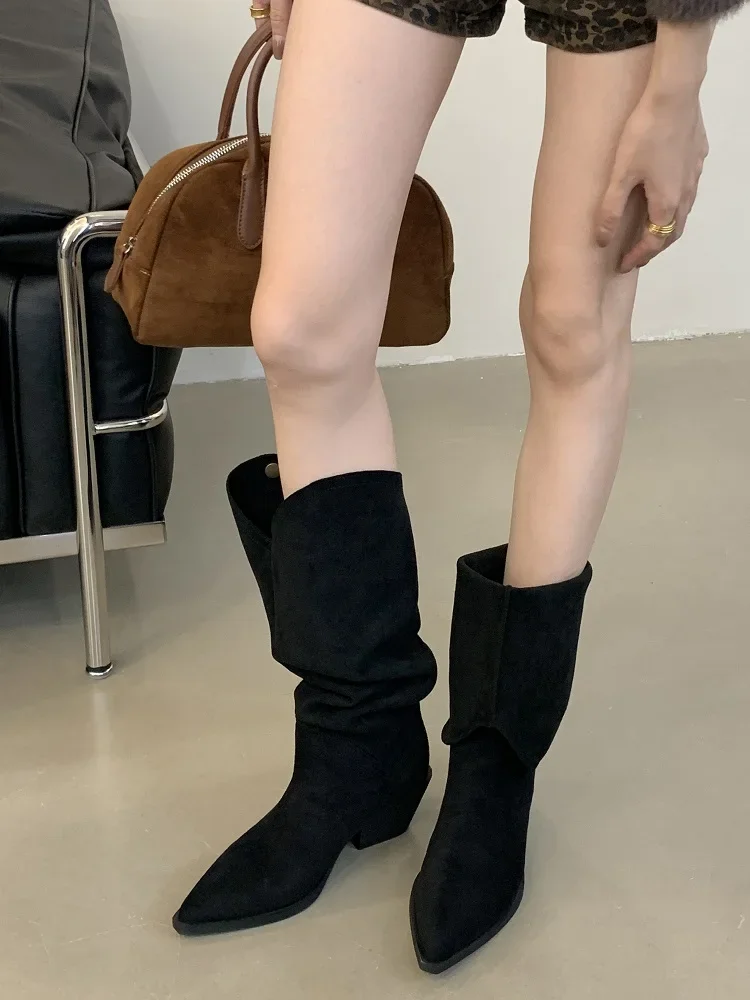 Retro Style Fold Button Women Knee-High Boots Fashion Pointed Toe Square Heels Casual Ladies Shoes Zapatos De Mujer Retro Style Fold Button Women Knee-High Boots Fashion Pointed Toe Square Heels Casual Ladies Shoes Zapatos De Mujer