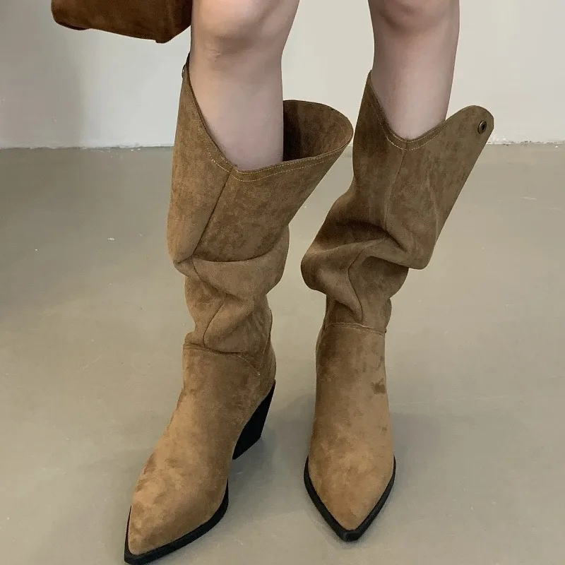 Retro Style Fold Button Women Knee-High Boots Fashion Pointed Toe Square Heels Casual Ladies Shoes Zapatos De Mujer