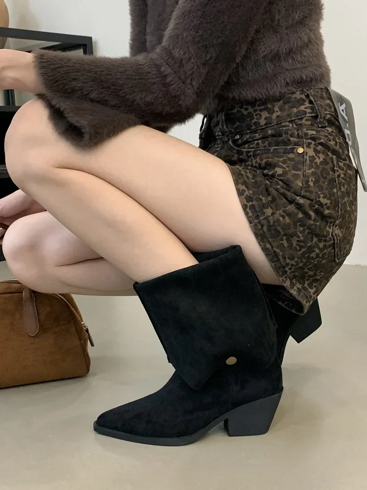 Retro Style Fold Button Women Knee-High Boots Fashion Pointed Toe Square Heels Casual Ladies Shoes Zapatos De Mujer Retro Style Fold Button Women Knee-High Boots Fashion Pointed Toe Square Heels Casual Ladies Shoes Zapatos De Mujer