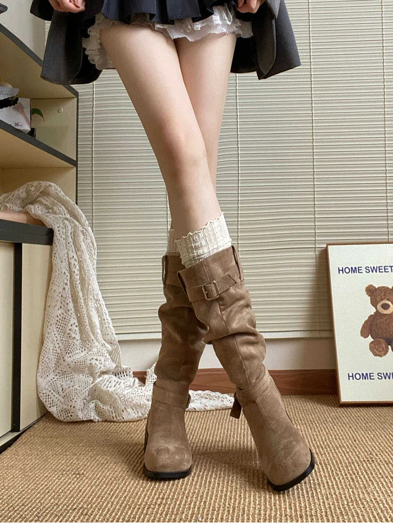 Platform Thick Heel Women Western Cowboy Boots Fashion Slip On Folded Pile Long Booties Female Shoes Autumn Winter